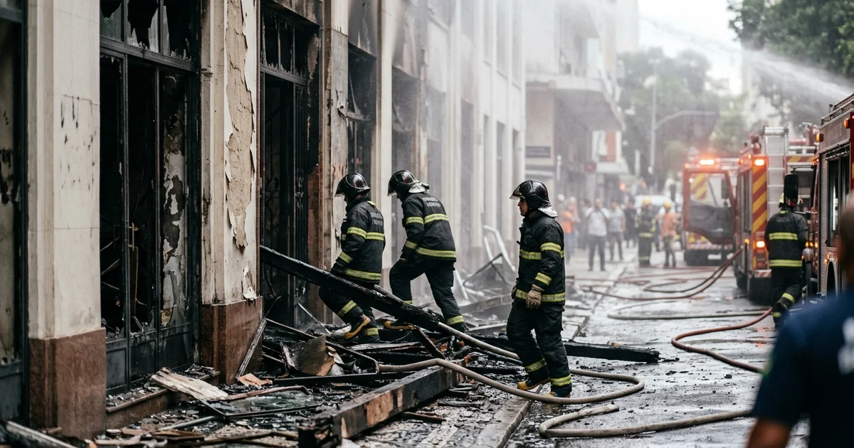 Funcionários atuam em área atingida por incêndio no Edifício Touring, no Rio