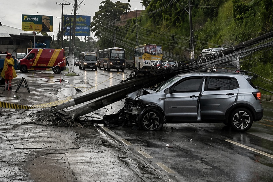 POLICIAL PENAL COCHILA AO VOLANTE, PERDE CONTROLE DE CARRO E DERRUBA POSTE NA AVENIDA LESTE-OESTE