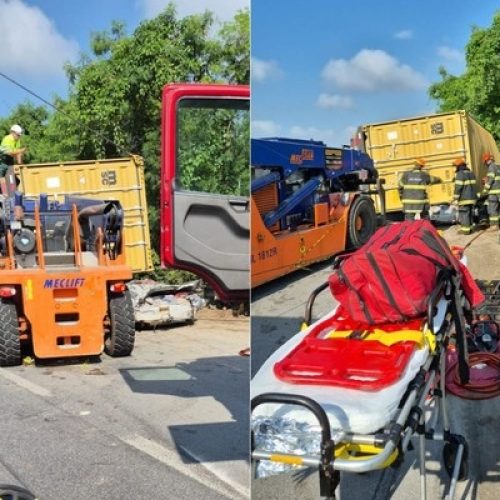 CARRETA COM CONTÊINER TOMBA, ATINGE CARRO E MATA TRÊS PESSOAS EM SÃO VICENTE